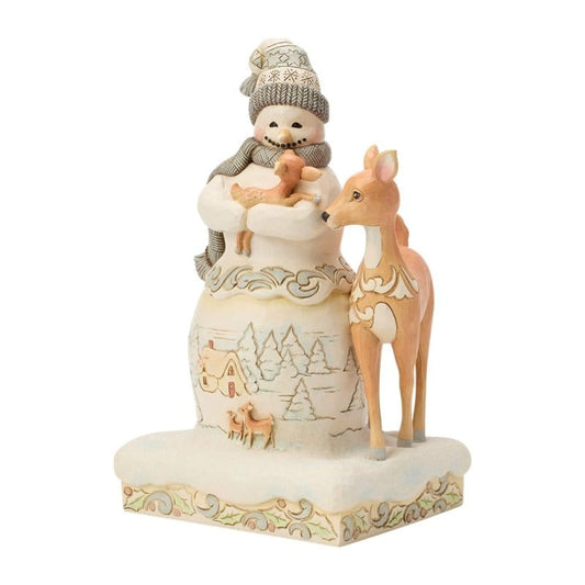 Heartwood Creek White Woodland Snowman Holding Fawn Figurine By Jim Shore