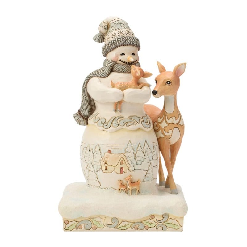 Heartwood Creek White Woodland Snowman Holding Fawn Figurine By Jim Shore