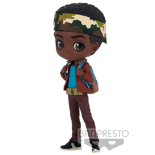 The Banpresto Lucas Q Posket Stranger Things by Bandai Namco is a chibi-style figurine featuring Lucas Sinclair with curly black hair, dark skin, camouflage headband, red jacket, blue shirt, brown pants, sneakers, and backpack.