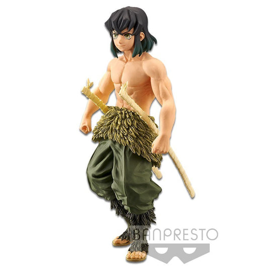 The Bandai Demon Slayer Inosuke Hashibira Vol. 9 figurine by Bandai Namco is a 15cm-tall, muscular anime character with dark hair, glasses, green pants, fur belt, sword, and bare feet. The Bandai Banpresto logo is shown at the bottom.