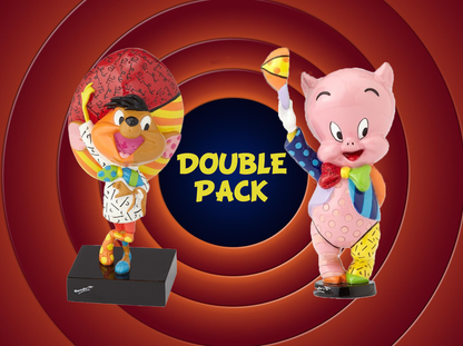 The Enesco Looney Tunes Britto Speedy Gonzales and Porky Pig Double Pack Figurines stand on a red-orange spiral with DOUBLE PACK in bold yellow—perfect for Britto or Porky Pig collectors.