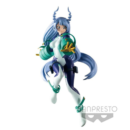 Banpresto My Hero Academia Nejiro Hado The Amazing Heros figure by Bandai Namco features Nejiro with long blue hair, horn-like twists, in a white and purple bodysuit with green arm armor, posed dynamically as if jumping; officially licensed.