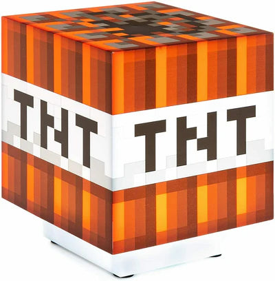 The Minecraft TNT Light With Sound by Paladone is a cube-shaped lamp styled like a TNT block from Minecraft, featuring orange, red, white, and black patterns and TNT lettering—an ideal addition to any gamer’s room.