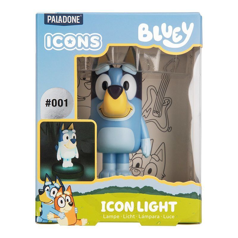 The Bluey Icon Light by Paladone features the beloved puppy from the TV show in a 3D night light, packaged in a blue and yellow box with fun illustrations and photos of the glowing light.