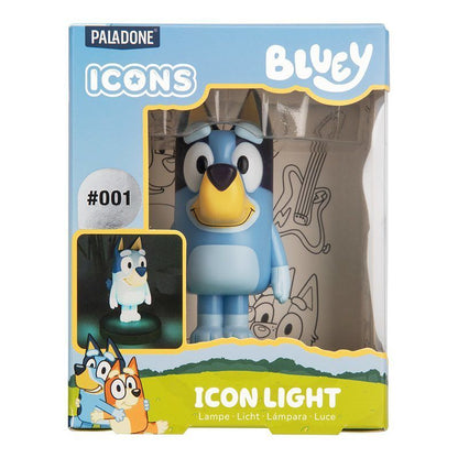 The Bluey Icon Light by Paladone features the beloved puppy from the TV show in a 3D night light, packaged in a blue and yellow box with fun illustrations and photos of the glowing light.