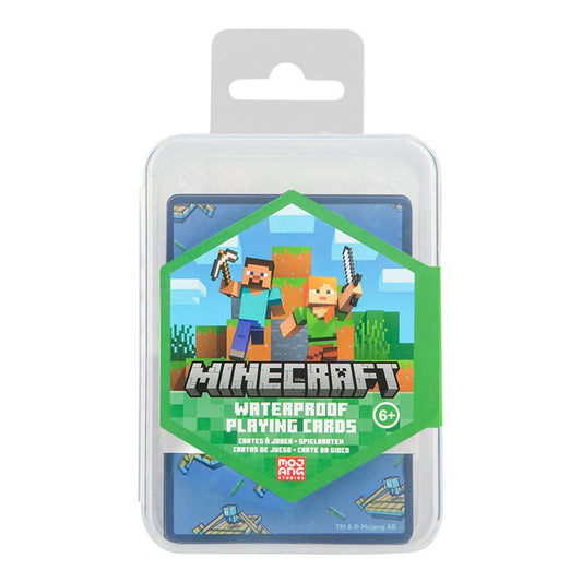 Minecraft Waterproof Playing Cards by Paladone feature Steve and Alex with a pickaxe and sword, plus aquatic creatures, on the design. Includes a green label showing they’re suitable for ages 6 and up.