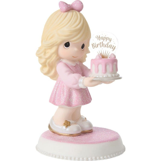 Precious Moments Blonde Birthday Girl with Cake Figurine