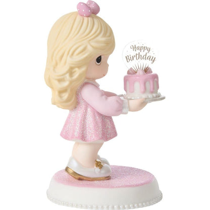 Precious Moments Blonde Birthday Girl with Cake Figurine