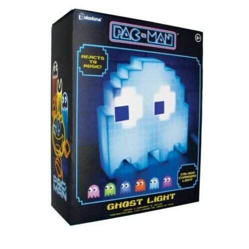 Box packaging for the Pacman Ghost Light by Paladone, showing a pixelated blue ghost lamp and smaller colored ghosts. Features colour-changing modes, music reaction, USB power, and Pac-Man on the side. Brand: Paladone.