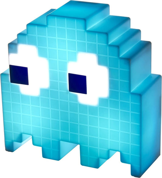The Pacman Ghost Light by Paladone is a USB-powered blue ghost-shaped light with large white eyes, square blue pupils, and a pixelated design, inspired by the classic video game.