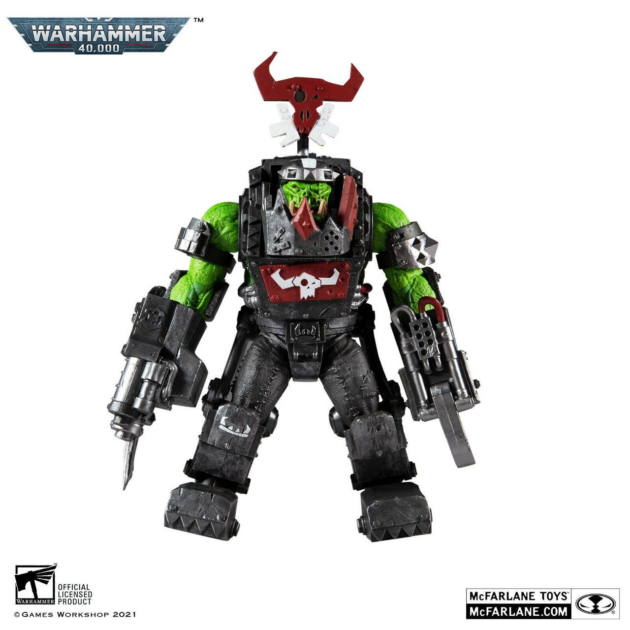 McFarlane Toys’ Warhammer 40,000 Ork Meganob with Shoota action figure features green skin, heavy gray armor with red and white details, a skull emblem, drill arm, and large gun, posed against a white background.