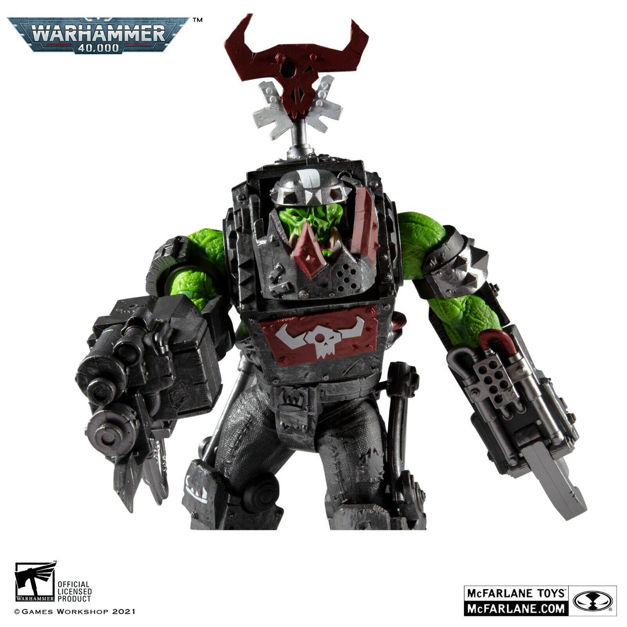 The Warhammer 40,000 Ork Meganob with Shoota by McFarlane Toys features green skin, heavy black and red armor with a skull emblem, a metal jaw, and large mechanical weapons. Part of the impressive Megafigs line.