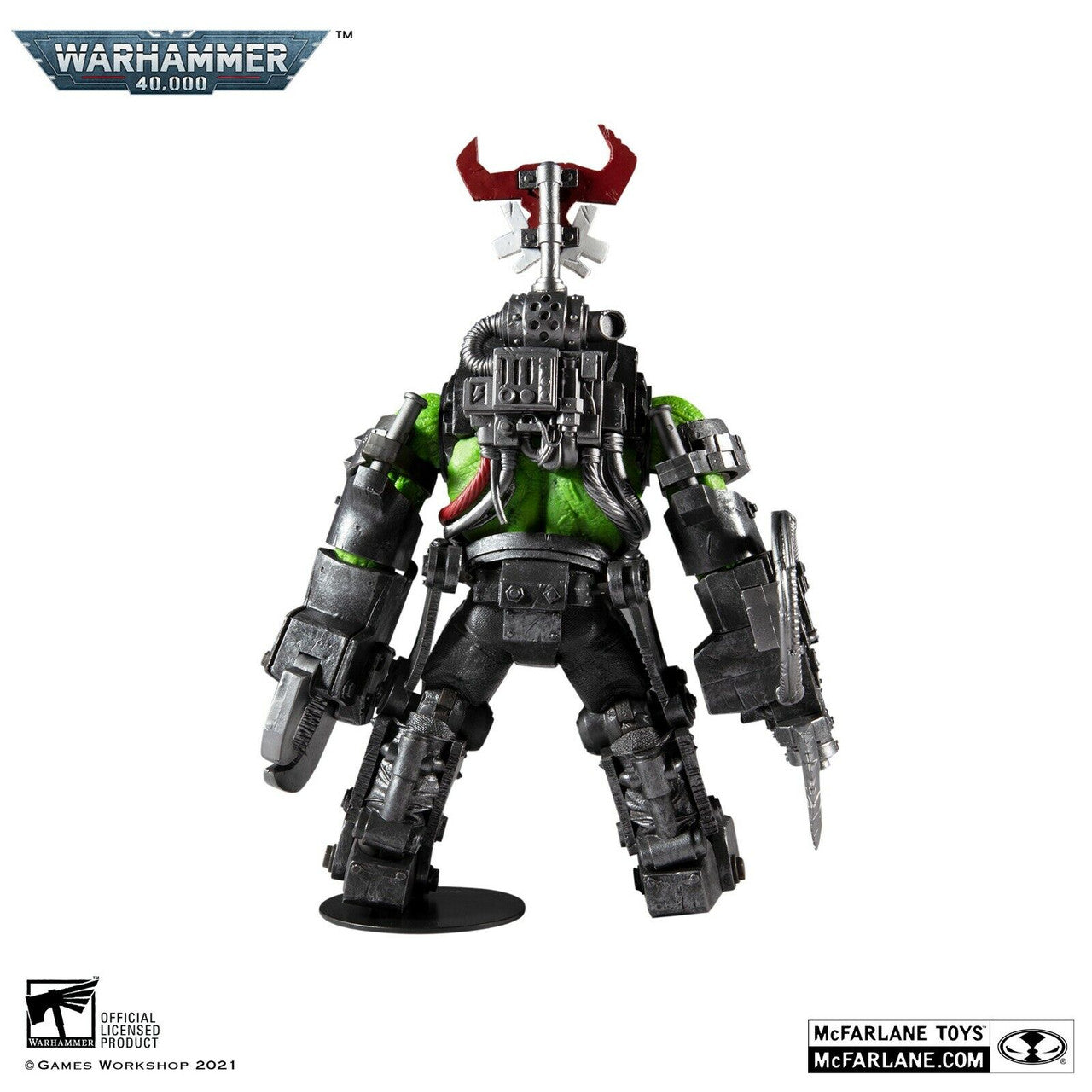 The Warhammer 40,000 Ork Meganob with Shoota by McFarlane Toys features a green-skinned Nobz ork in heavy armor with red horns, a mechanical backpack, and large robotic arms, shown against a white background.