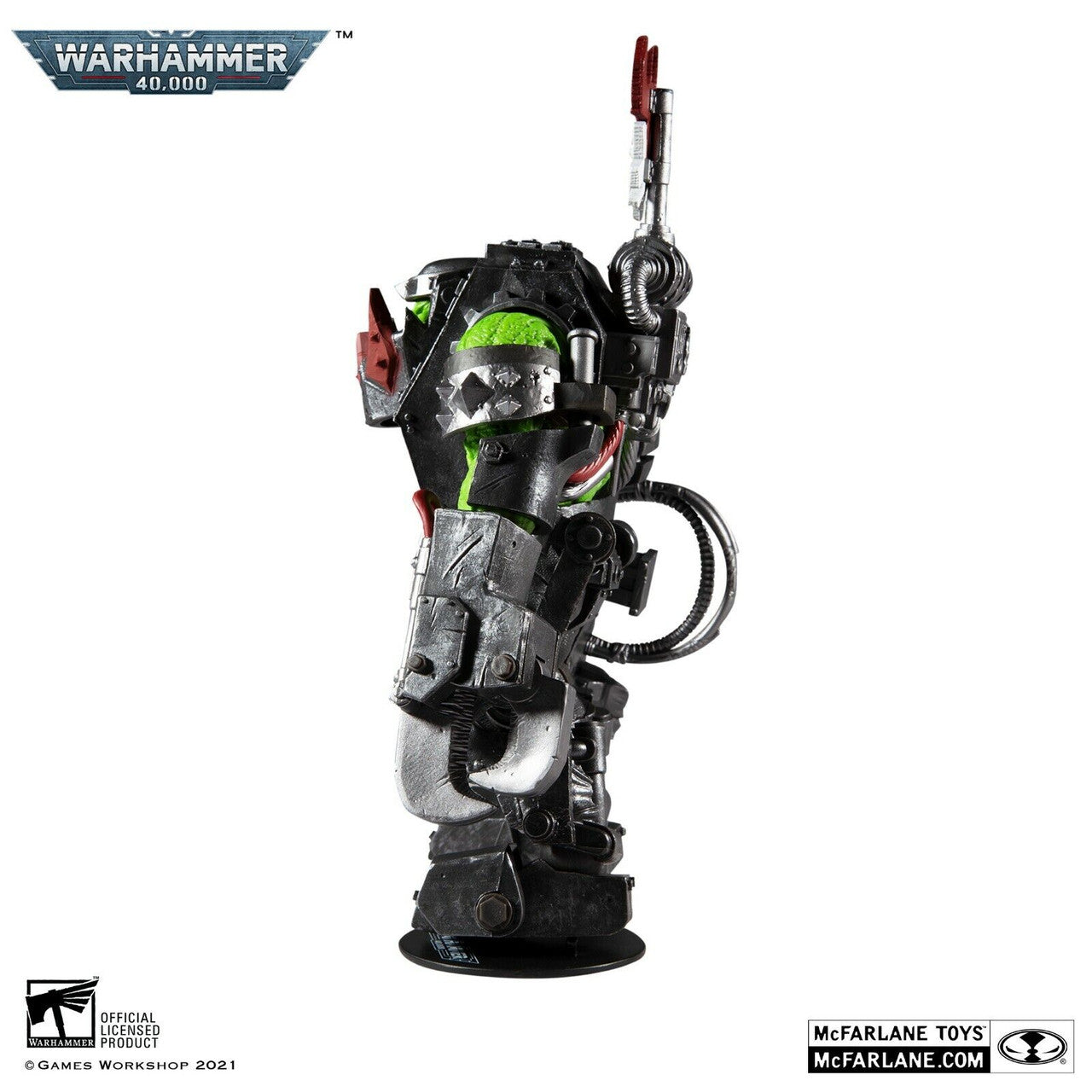 A detailed McFarlane Toys Warhammer 40,000 Ork Meganob with Shoota figure prosthetic arm accessory, featuring metallic mechanical details in black, silver, green, and red accents, displayed on a plain white background.