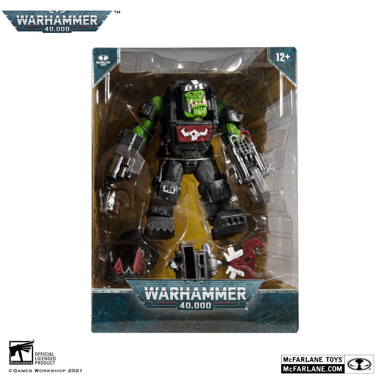 The McFarlane Toys Warhammer 40,000 Ork Meganob with Shoota action figure is shown in its box, featuring a green-skinned armored Ork with weapons. The packaging displays the Warhammer 40,000 logo and is for ages 12+.