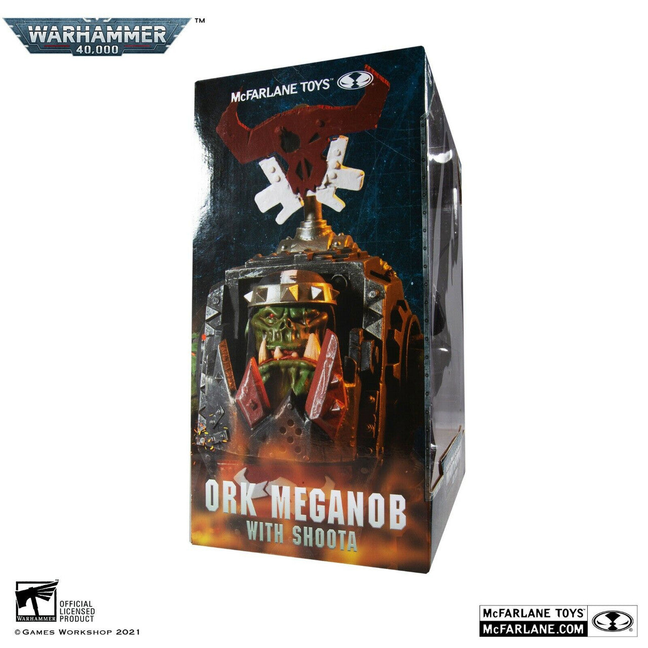 McFarlane Toys’ Warhammer 40,000 Ork Meganob with Shoota Megafig comes boxed with bold series branding and features striking Ork artwork on the packaging.