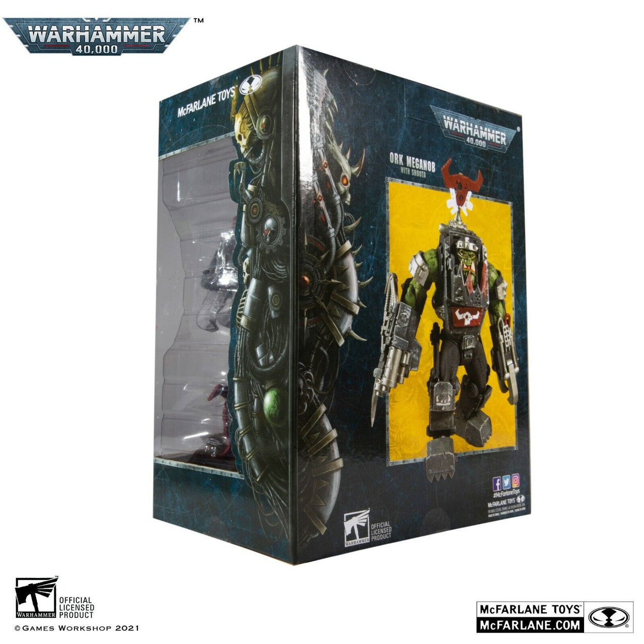The Warhammer 40,000 Ork Meganob with Shoota by McFarlane Toys is shown in its original packaging, displaying detailed artwork and labels. This collectible from the Megafigs line stands out for its impressive design.