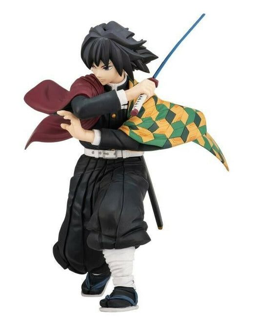 The Bandai Namco Demon Slayer Ichibansho Series Giyu Tomioka The Second PVC statue displays Giyu in a dynamic pose with spiky black hair, a blue sword, green and yellow patterned cloak, black pants, and a vibrant red cape.