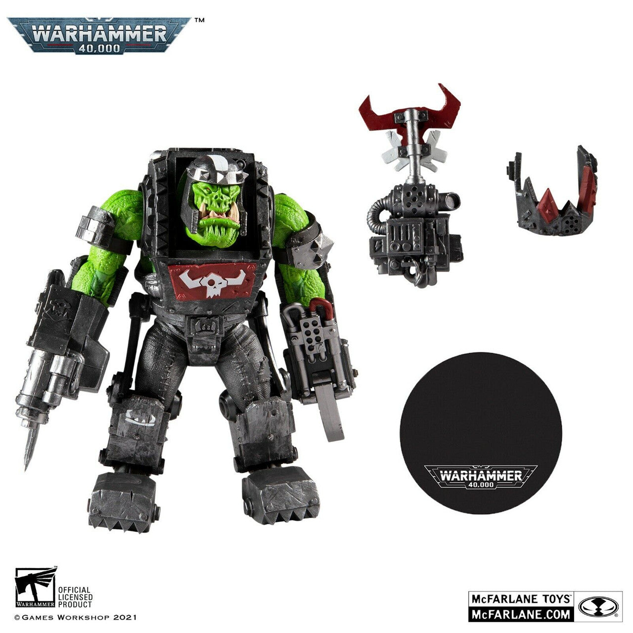 The McFarlane Toys Warhammer 40,000 Ork Meganob with Shoota is a green-skinned articulated action figure featuring armor, weapons, a large gun, axe, helmet, and a round display base with the Warhammer logo.