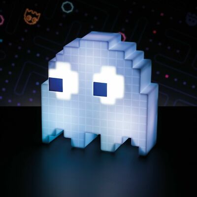The Pacman Ghost Light by Paladone is a USB-powered, color-changing blue ghost from the classic game, glowing softly in front of a dark background with maze graphics—perfect for fans of retro style and arcade nostalgia.