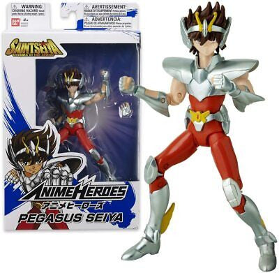 The Bandai Namco Anime Heroes Saint Seiya Pegasus Seiya figure is shown in silver armor and a red suit with helmet and yellow belt, posed outside its box, alongside the packaging and character artwork.