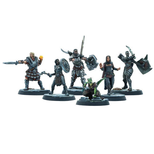 Six painted miniatures from The Elder Scrolls Call To Arms Adventurer Fortune Hunters by Modiphius feature five armored humans with weapons and shields, inspired by Skyrim, plus a small green dragon-like creature.