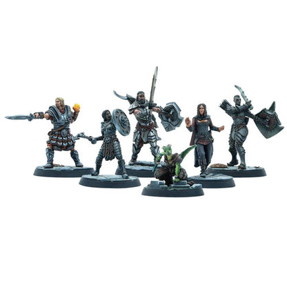 Six painted miniatures from The Elder Scrolls Call To Arms Adventurer Fortune Hunters by Modiphius feature five armored humans with weapons and shields, inspired by Skyrim, plus a small green dragon-like creature.