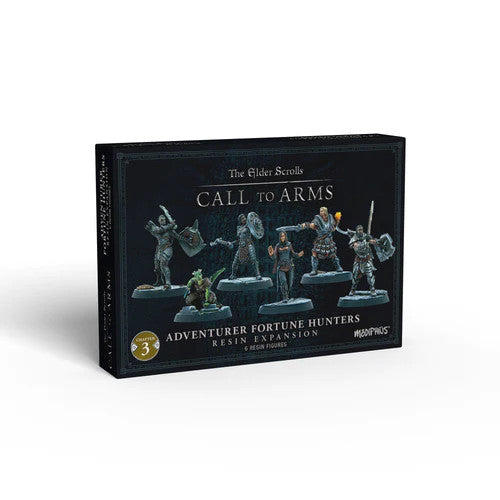 The Elder Scrolls Call To Arms Adventurer Fortune Hunters by Modiphius includes six detailed fantasy miniatures, such as the Dragonborn from Skyrim, featured on the front cover.