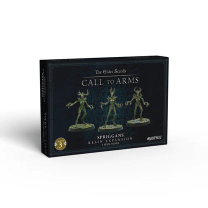 A box of Modiphius’ The Elder Scrolls Call To Arms Spriggans, displaying images of three detailed Spriggans miniatures on the front.