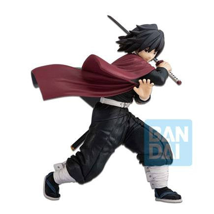 Bandai Namco Demon Slayer Ichibansho Series Giyu Tomioka The Second PVC statue featuring Giyu in a dynamic pose with a sword, spiky black hair, dark outfit, and red cape. BANDAI logo shown bottom right.